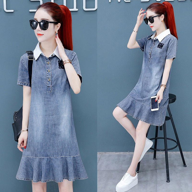 ĐẦM JEAN ĐUÔI CÁ PHỐI CỔ SƠ MI TRẮNG - NJ2887